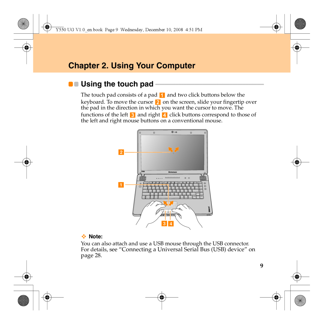 Lenovo Y550 manual Using Your Computer, Using the touch pad, b a cd 