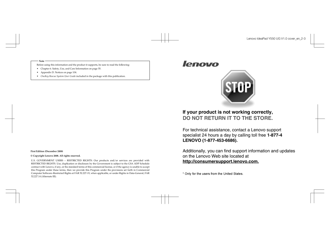 Lenovo Y550 manual If your product is not working correctly, Lenovo, Do Not Return It To The Store 