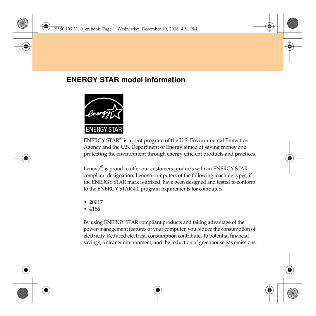 Lenovo Y550 manual ENERGY STAR model information 