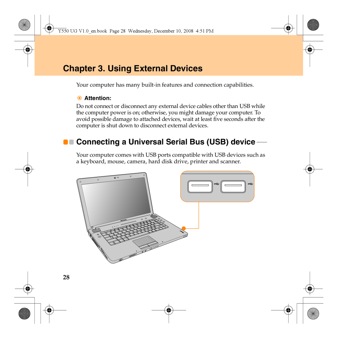 Lenovo Y550 manual Using External Devices, Connecting a Universal Serial Bus USB device 