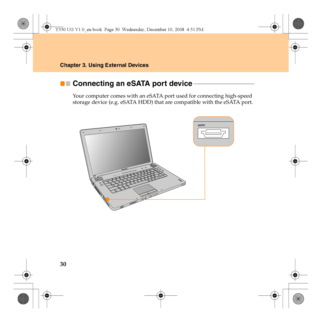 Lenovo Y550 manual Connecting an eSATA port device, Using External Devices 