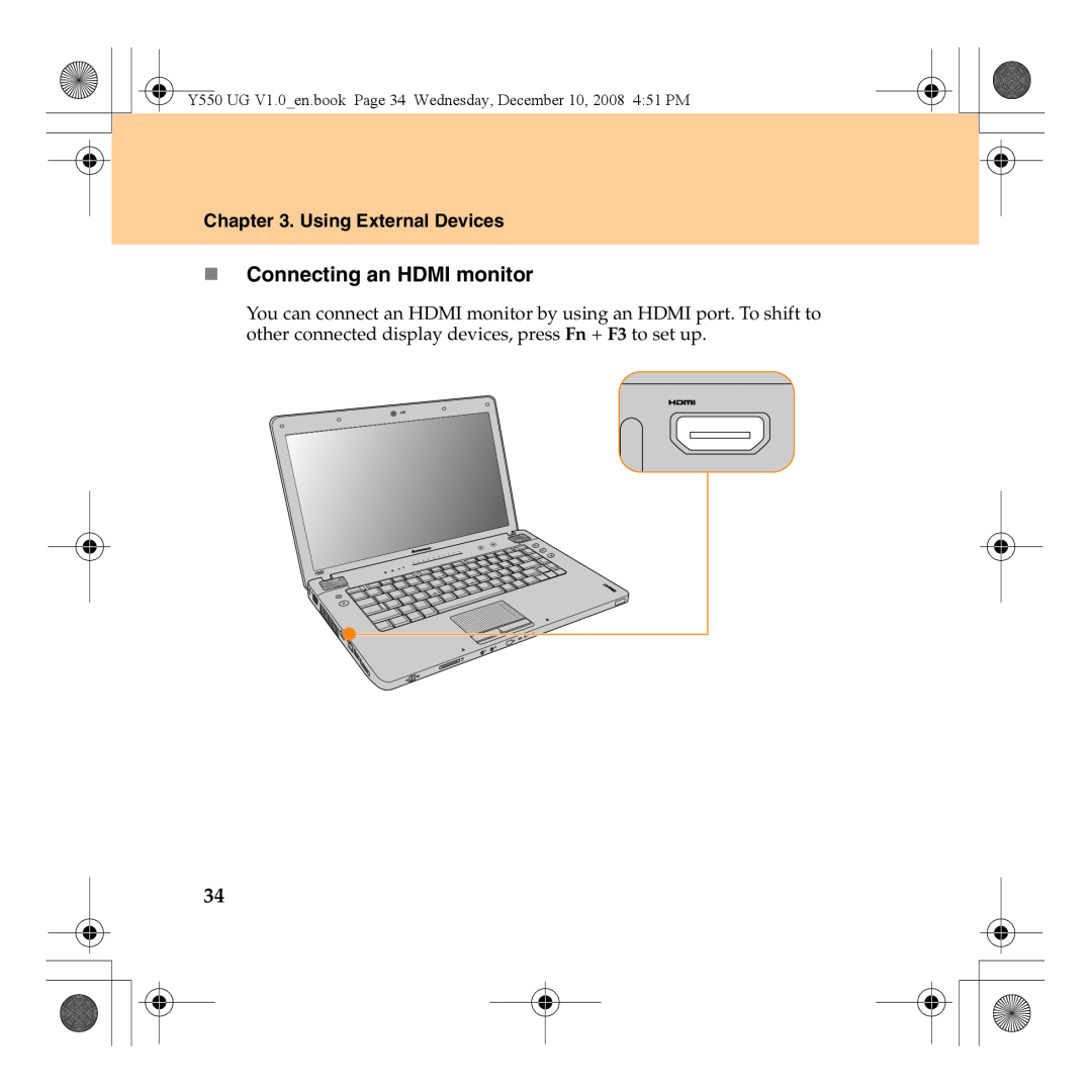 Lenovo Y550 manual „ Connecting an HDMI monitor, Using External Devices 