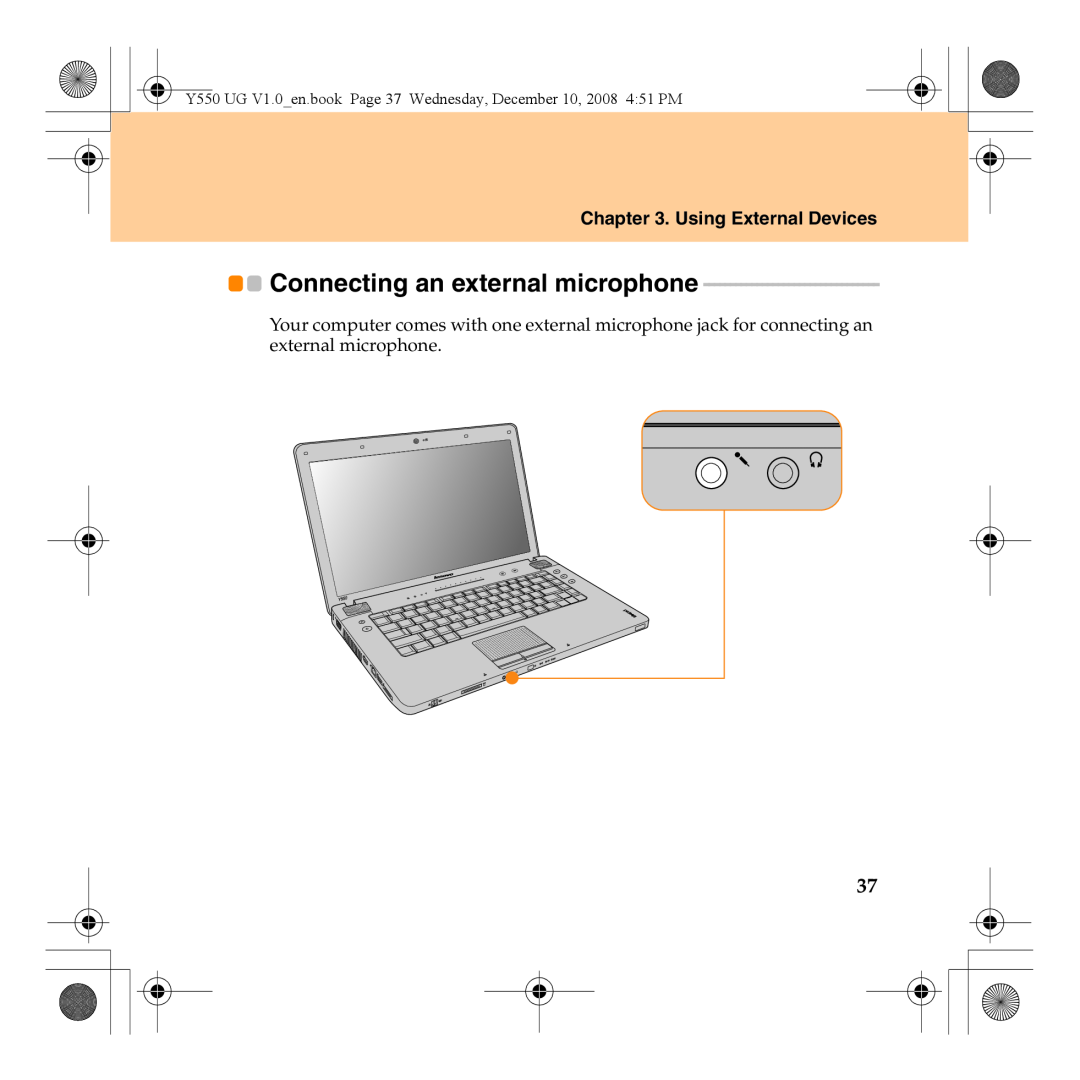 Lenovo Y550 manual Connecting an external microphone, Using External Devices 