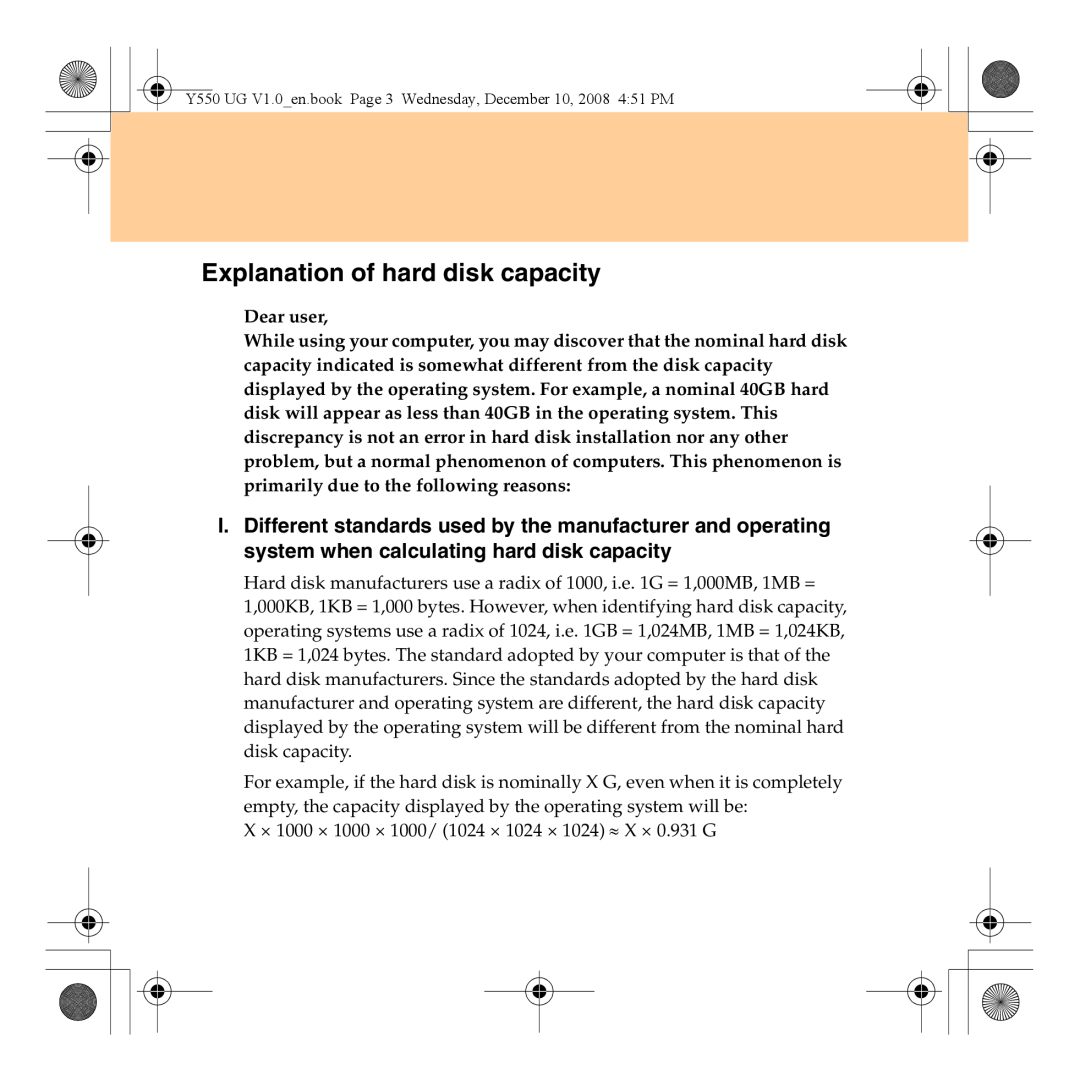 Lenovo Y550 manual Explanation of hard disk capacity 