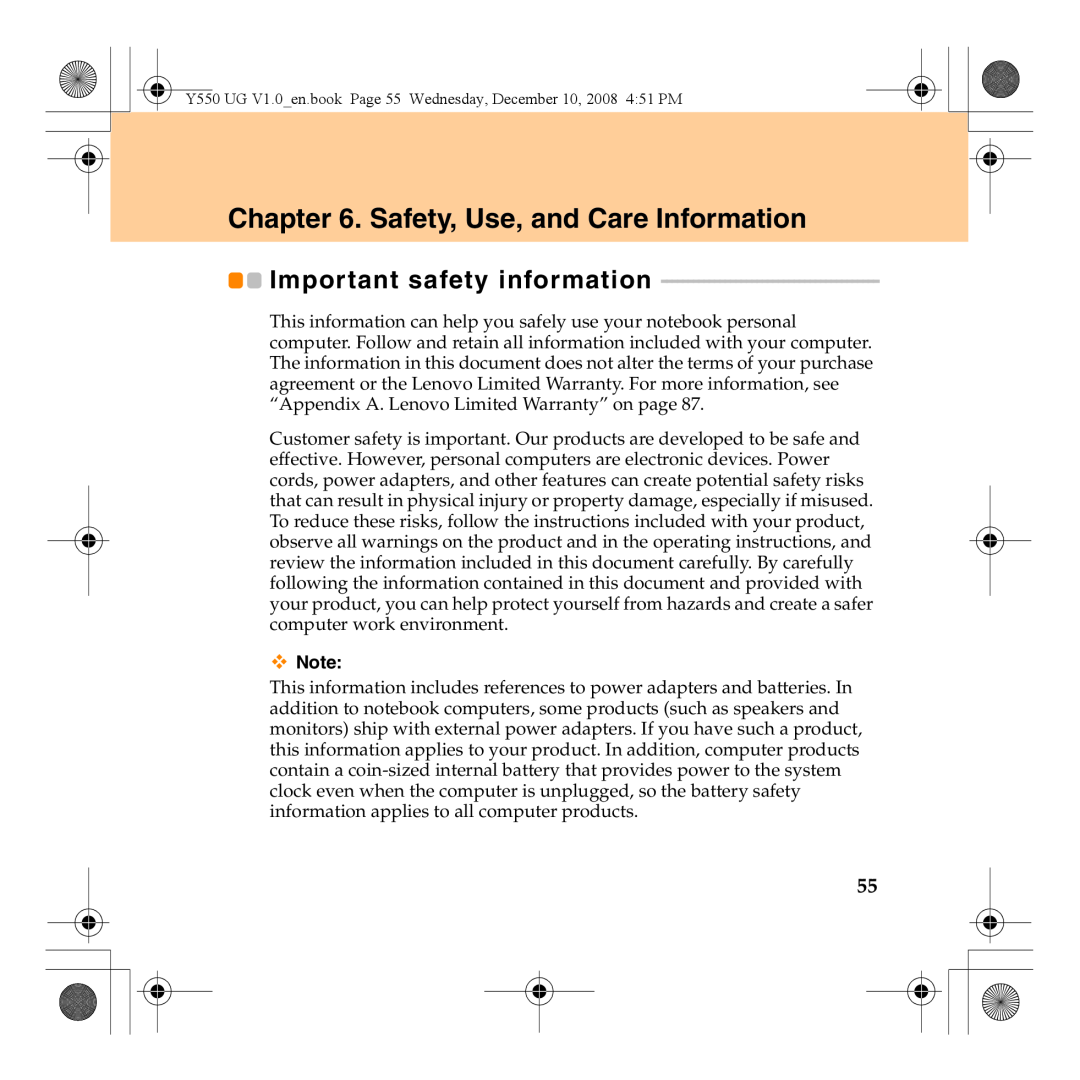 Lenovo Y550 manual Safety, Use, and Care Information, Important safety information 
