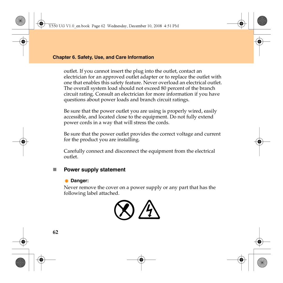Lenovo Y550 manual „ Power supply statement, Safety, Use, and Care Information, Danger 