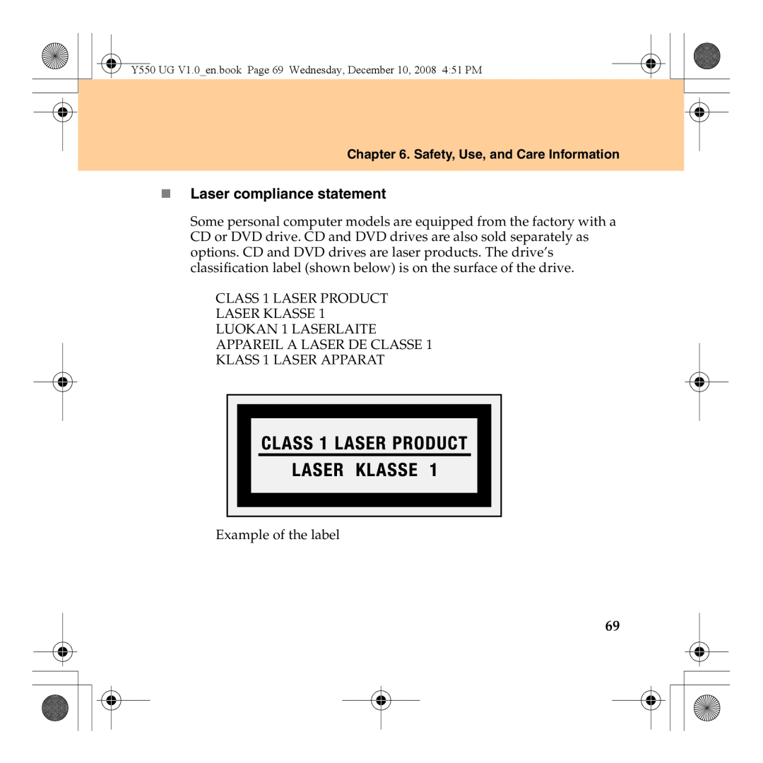 Lenovo Y550 manual „ Laser compliance statement, Safety, Use, and Care Information 