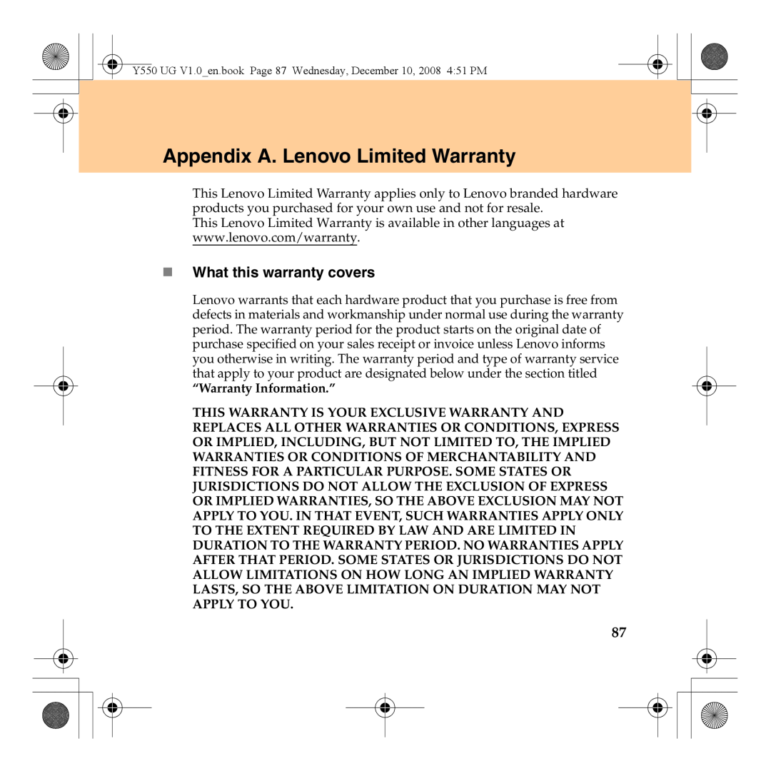 Lenovo Y550 manual Appendix A. Lenovo Limited Warranty, „ What this warranty covers 