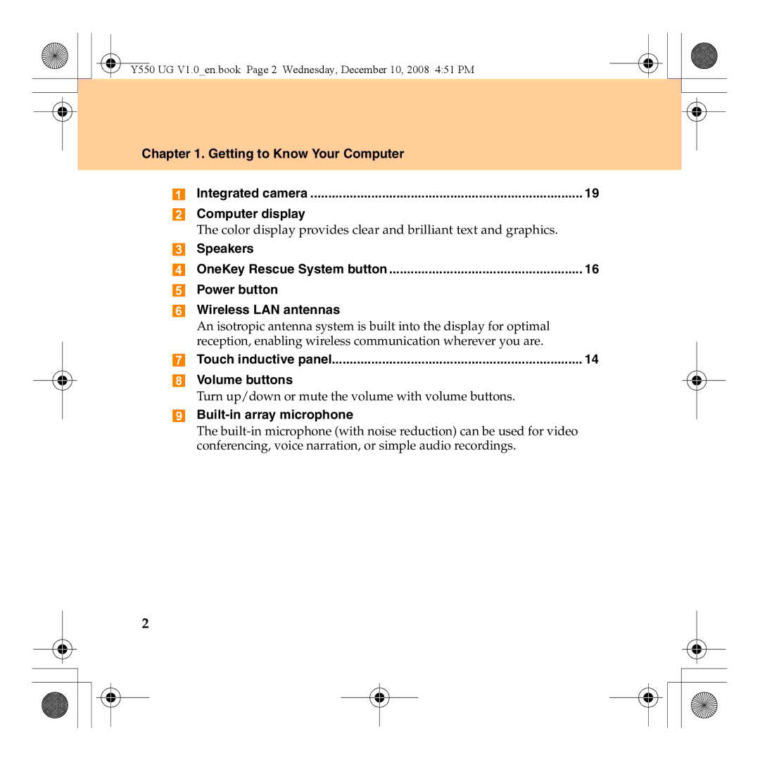 Lenovo Y550 Getting to Know Your Computer, Computer display, Speakers, Power button Wireless LAN antennas, Volume buttons 
