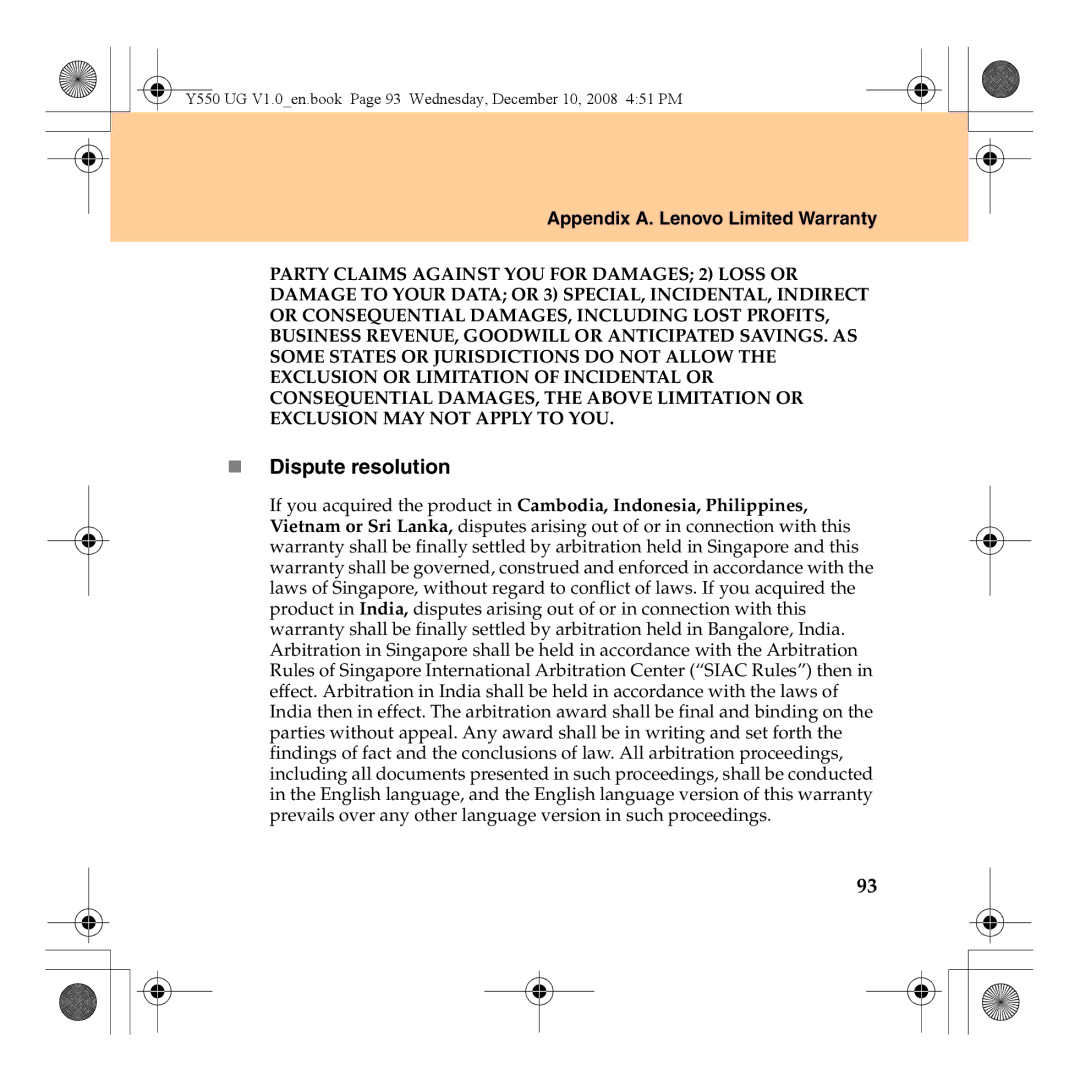 Lenovo Y550 manual „ Dispute resolution 