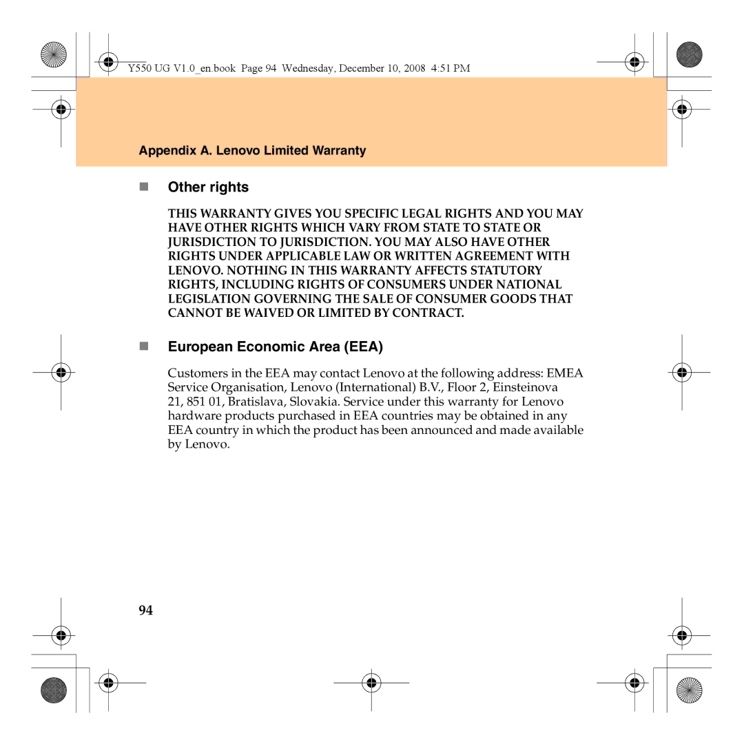 Lenovo Y550 manual „ Other rights, „ European Economic Area EEA 