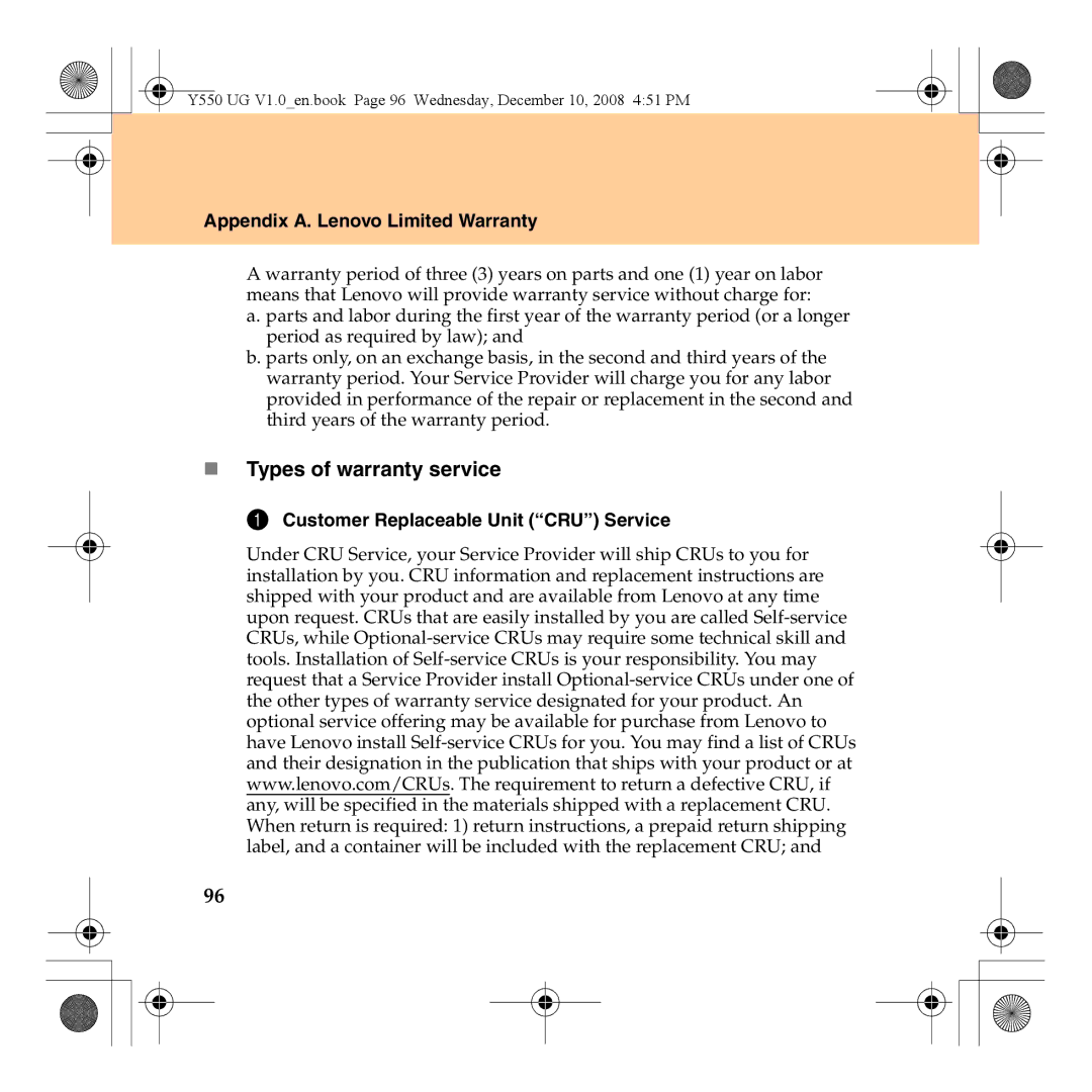 Lenovo Y550 manual „ Types of warranty service, Customer Replaceable Unit CRU Service 