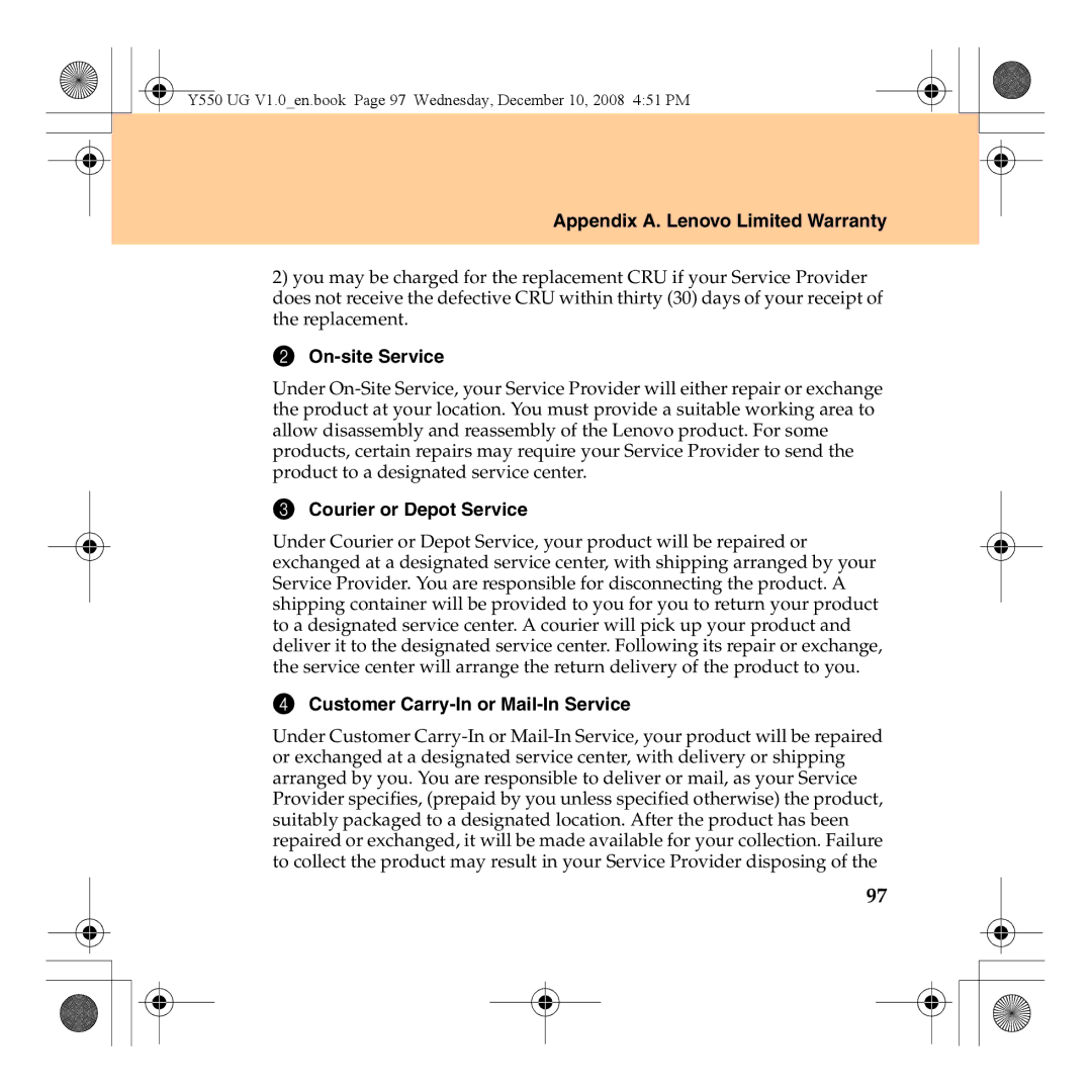 Lenovo Y550 manual On-site Service, Courier or Depot Service, Customer Carry-In or Mail-In Service 