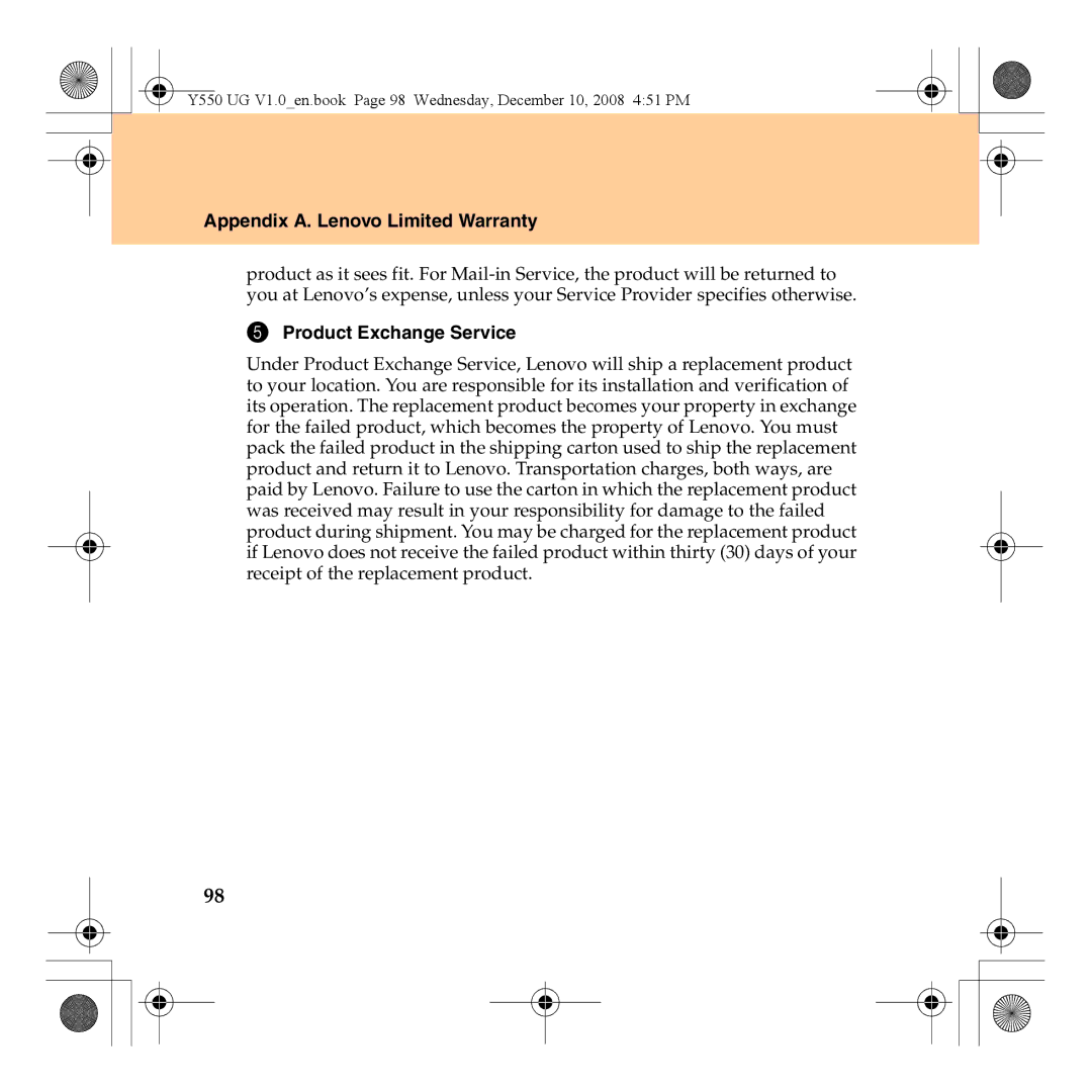 Lenovo Y550 manual Product Exchange Service 