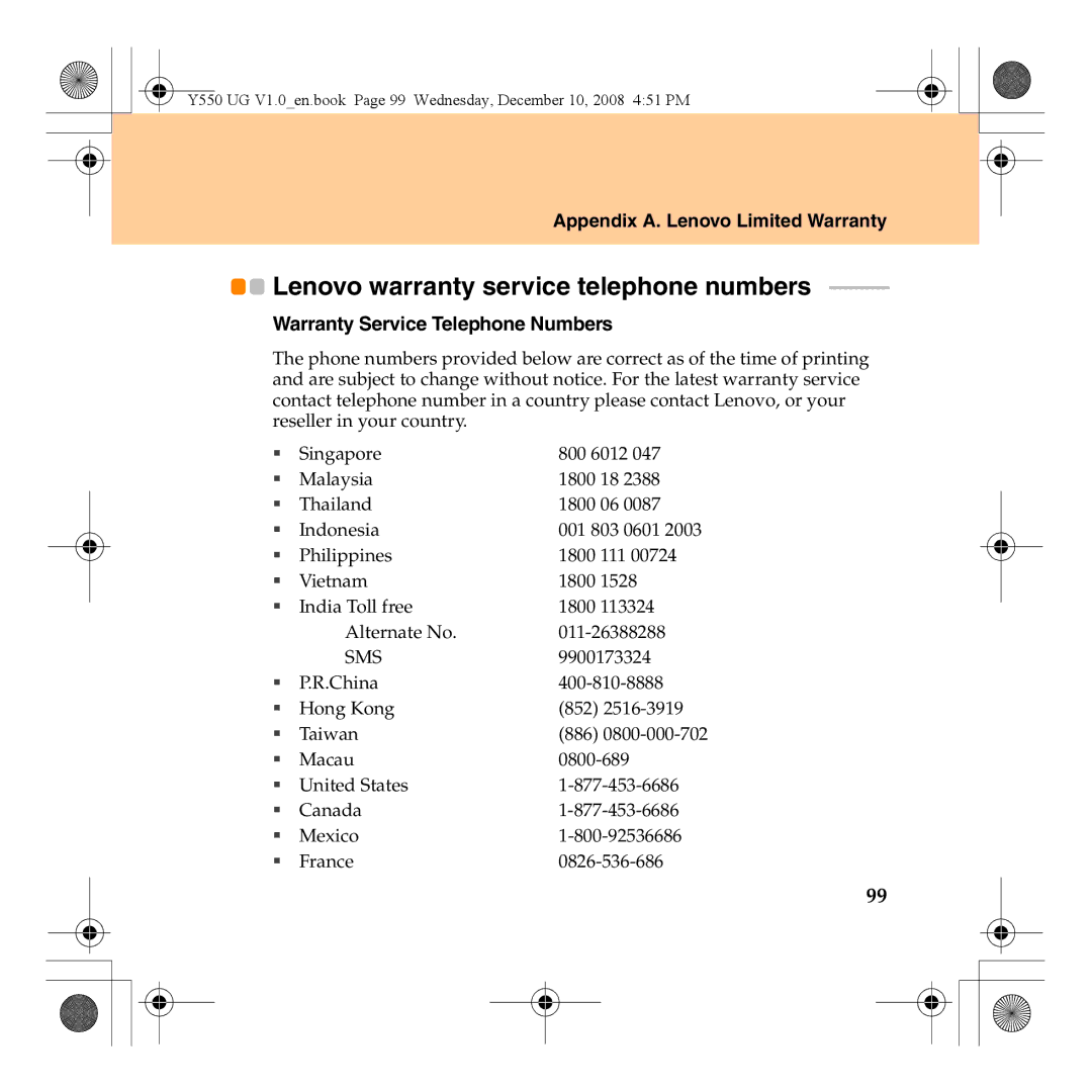 Lenovo Y550 manual Lenovo warranty service telephone numbers, Warranty Service Telephone Numbers 