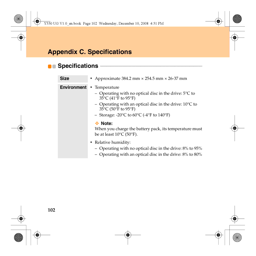 Lenovo Y550 manual Appendix C. Specifications, 102, Size, Environment ƒ Temperature 