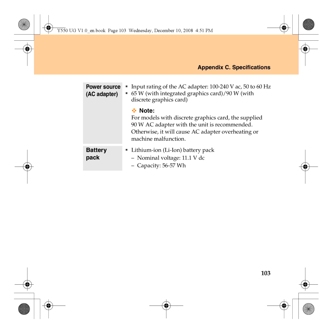 Lenovo Y550 manual 103, Appendix C. Specifications 