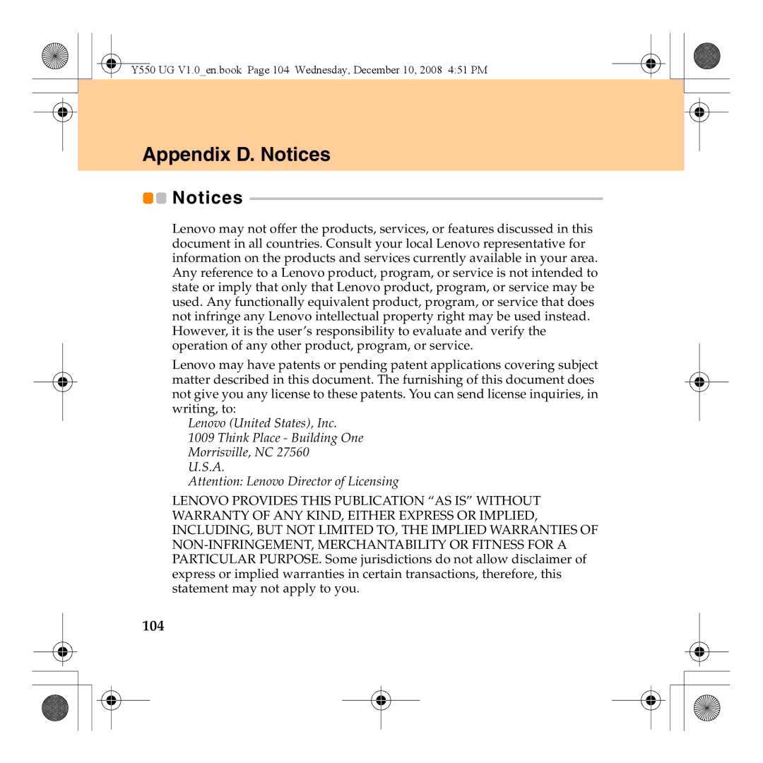 Lenovo Y550 manual Appendix D. Notices, 104 