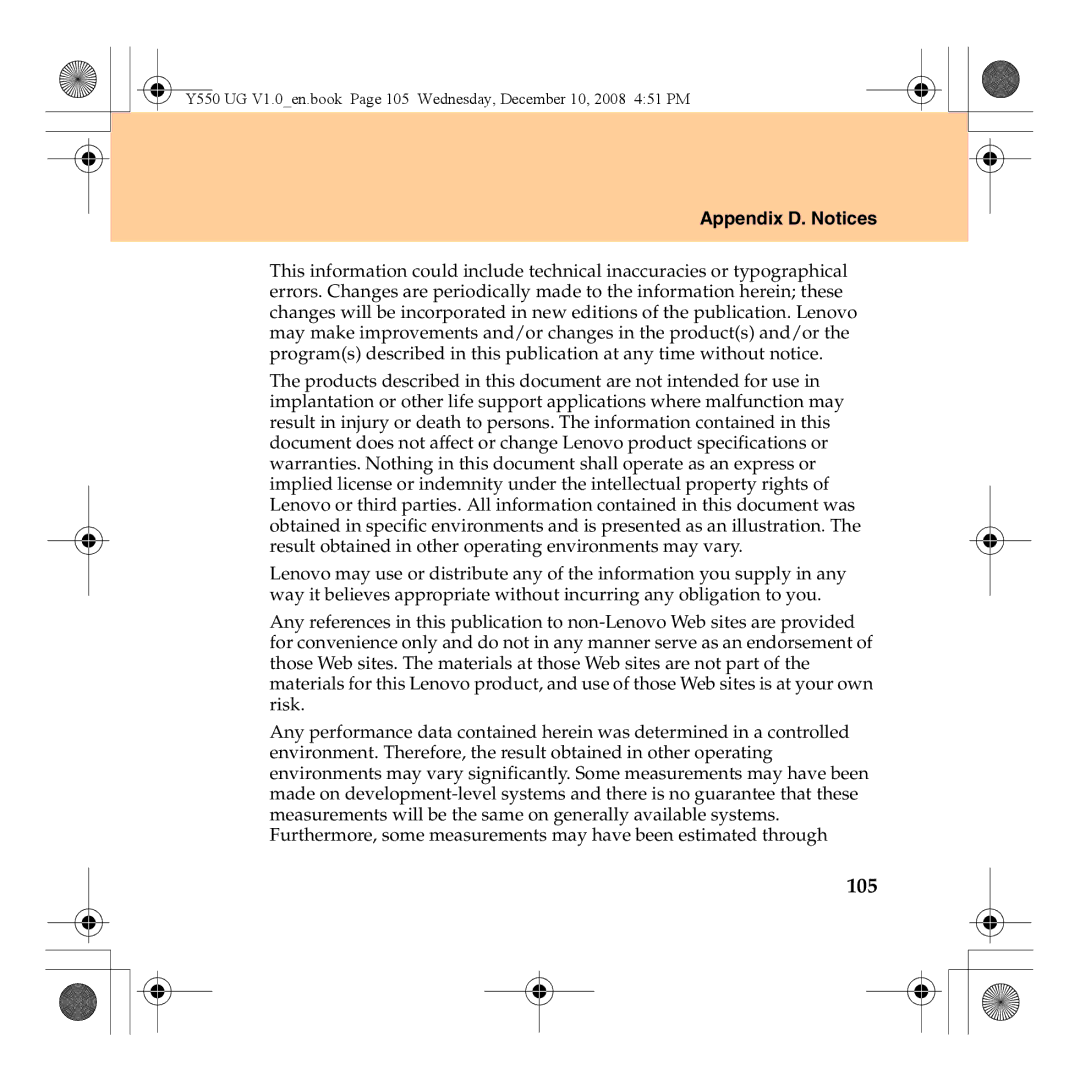 Lenovo Y550 manual 105, Appendix D. Notices 