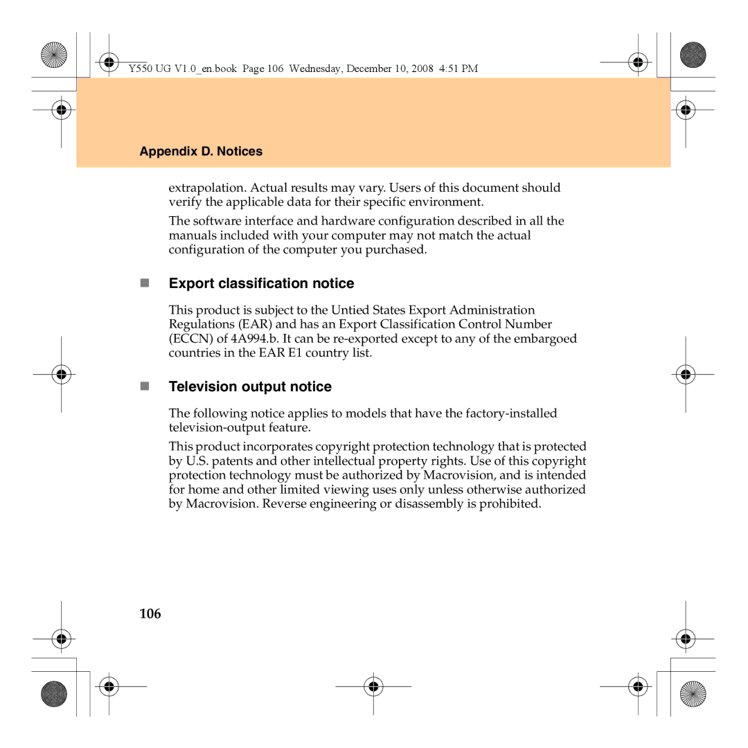 Lenovo Y550 manual „ Export classification notice, „ Television output notice, 106 