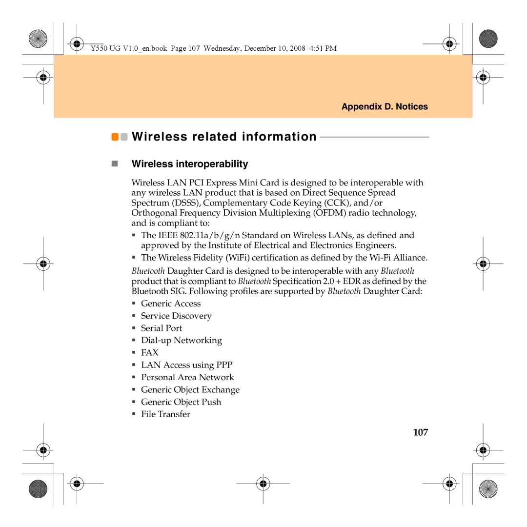 Lenovo Y550 manual Wireless related information, „ Wireless interoperability, 107 