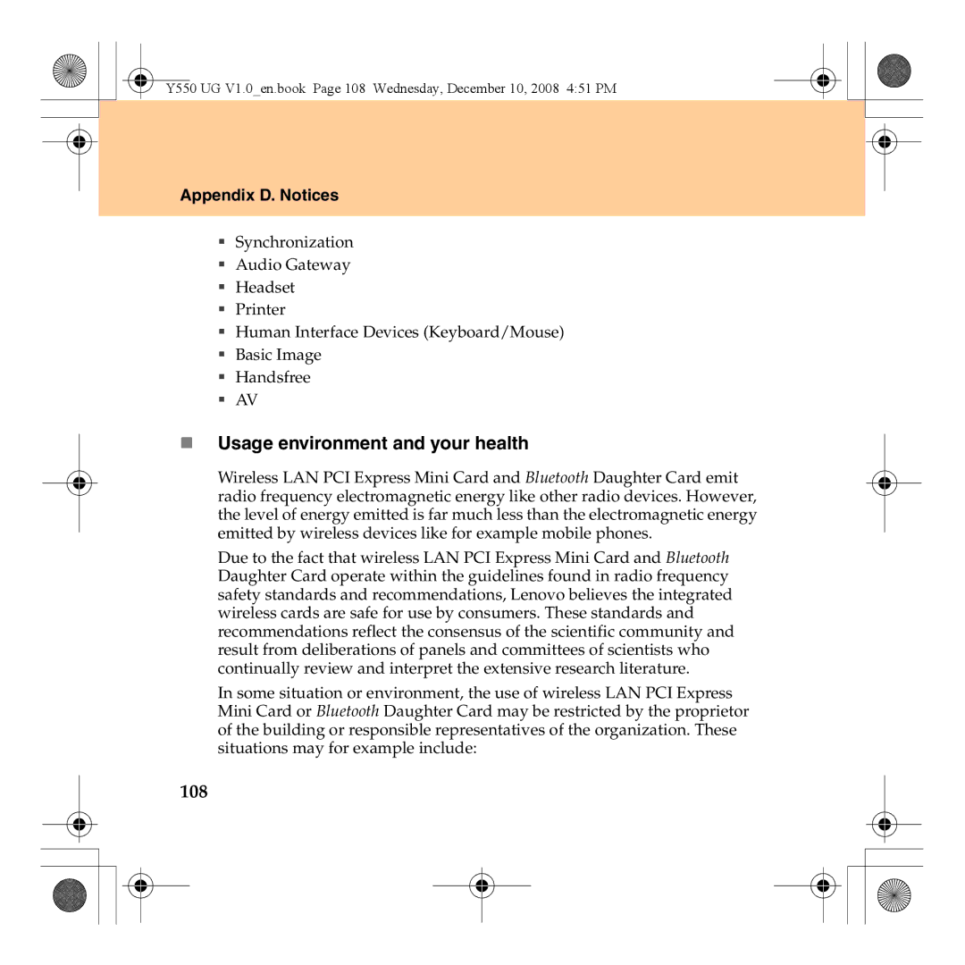 Lenovo Y550 manual „ Usage environment and your health, 108 