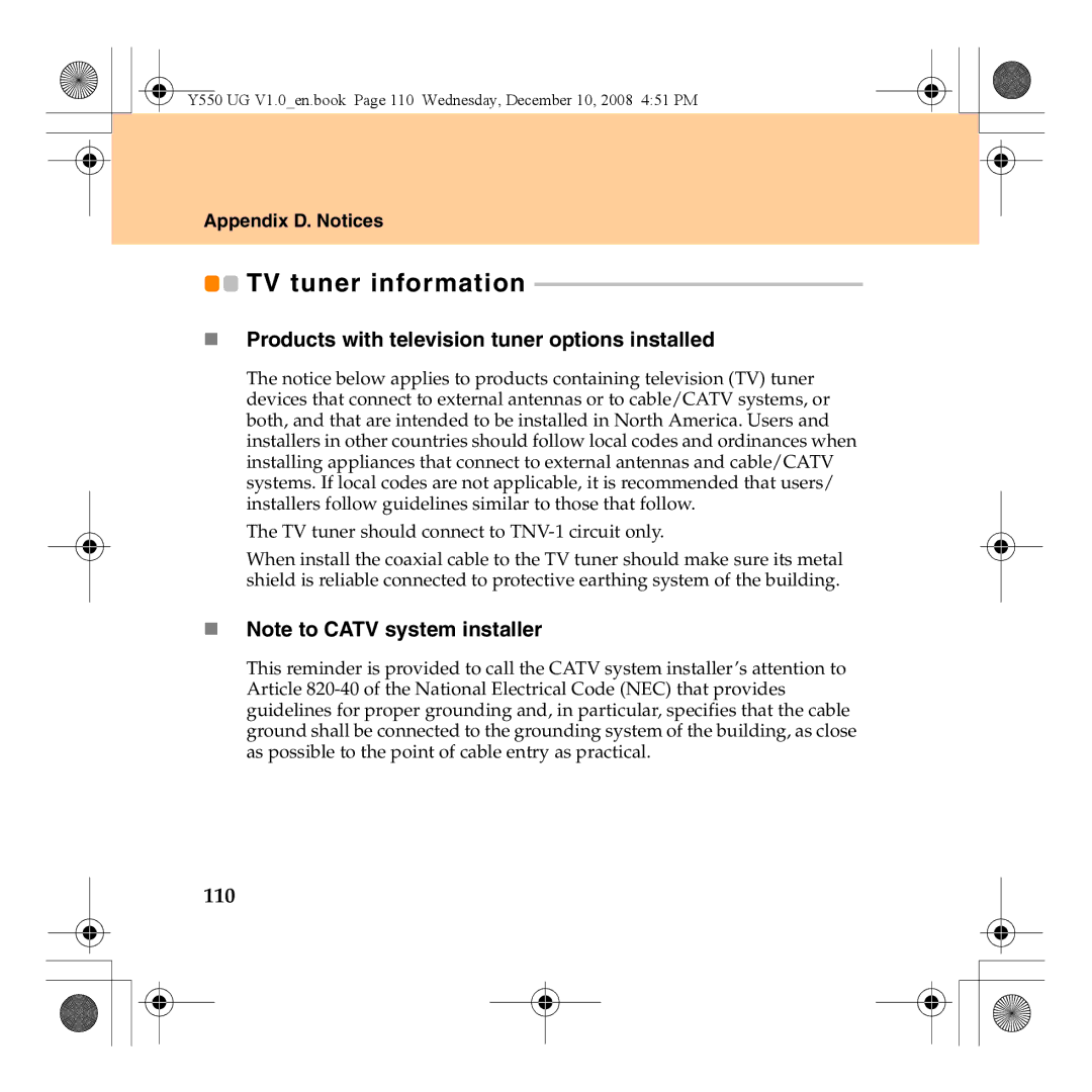 Lenovo Y550 TV tuner information, „ Products with television tuner options installed, „ Note to Catv system installer, 110 