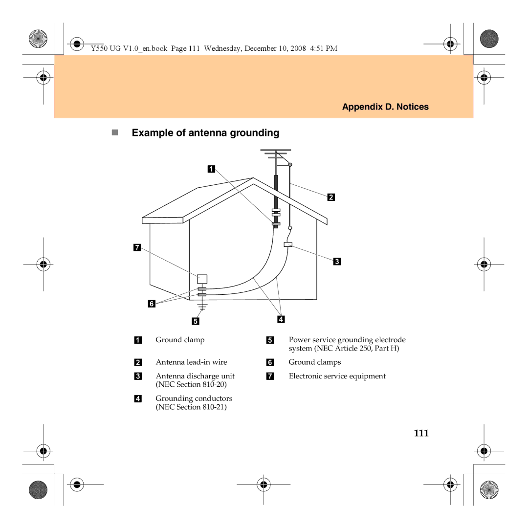 Lenovo Y550 manual „ Example of antenna grounding, 111 