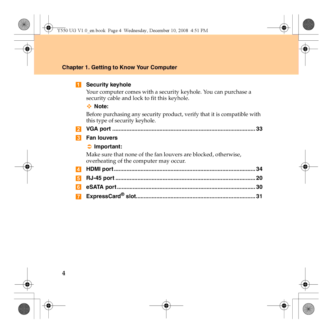 Lenovo Y550 manual Getting to Know Your Computer Security keyhole, Fan louvers 
