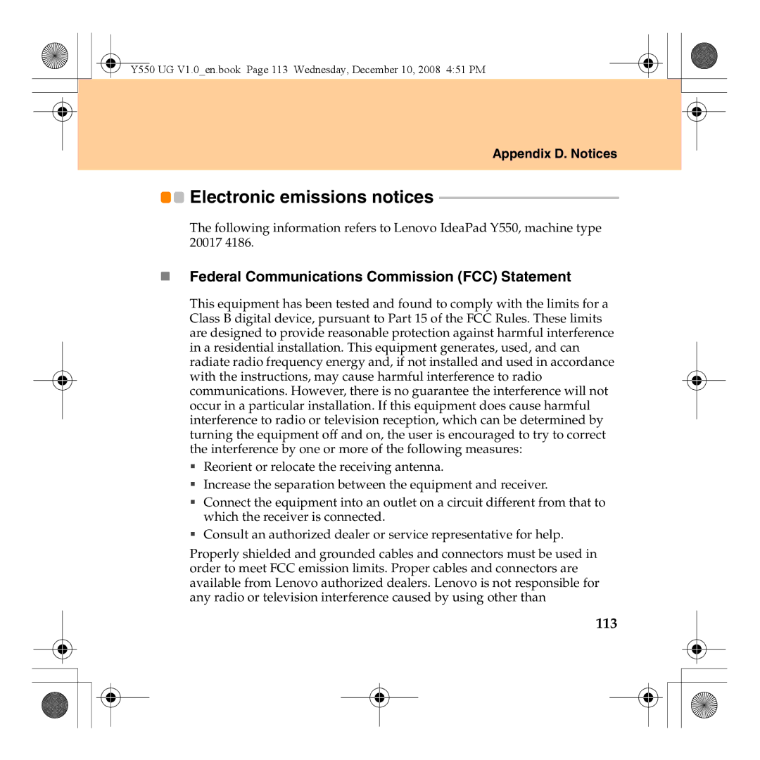 Lenovo Y550 manual Electronic emissions notices, „ Federal Communications Commission FCC Statement, 113 