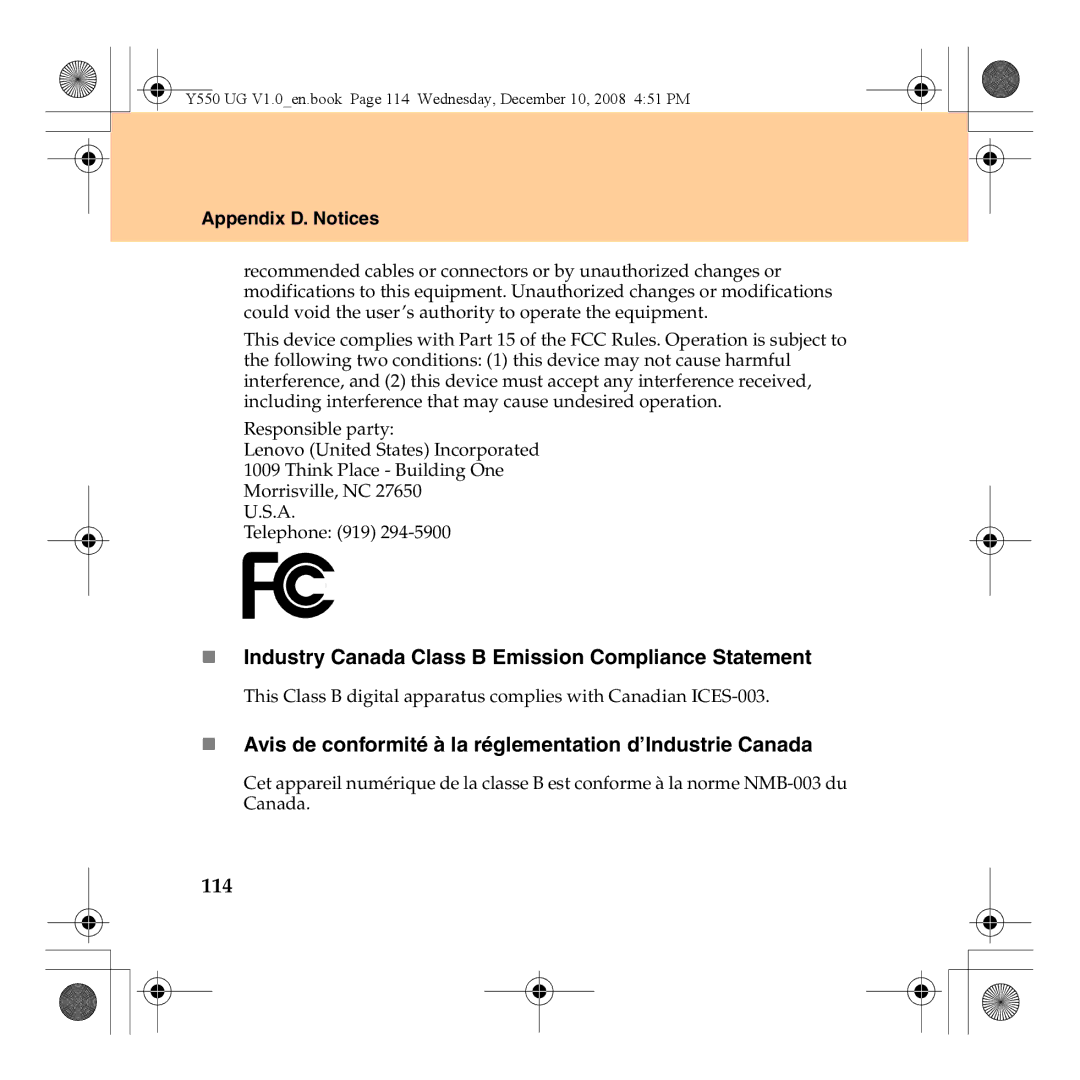 Lenovo Y550 manual „ Industry Canada Class B Emission Compliance Statement, 114 