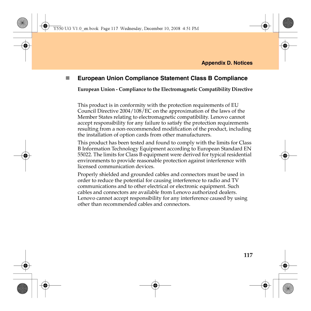 Lenovo Y550 manual „ European Union Compliance Statement Class B Compliance, 117 