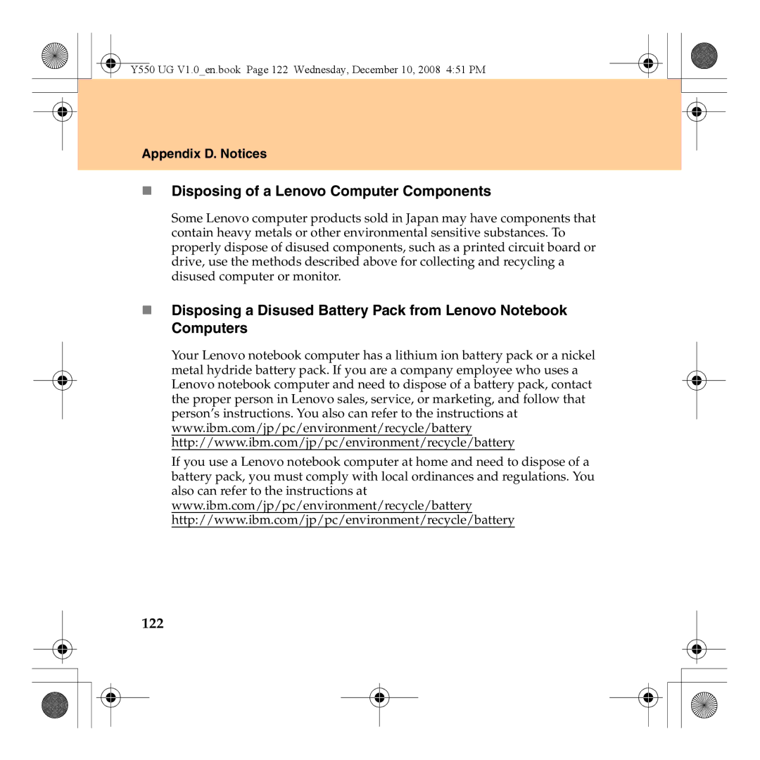 Lenovo Y550 manual „ Disposing of a Lenovo Computer Components, 122 