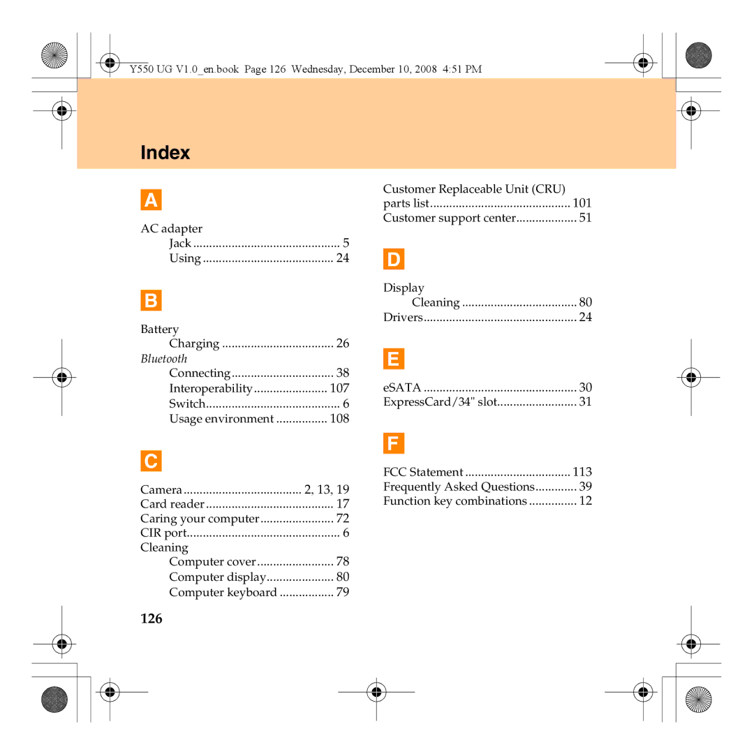 Lenovo Y550 manual Index, 126 