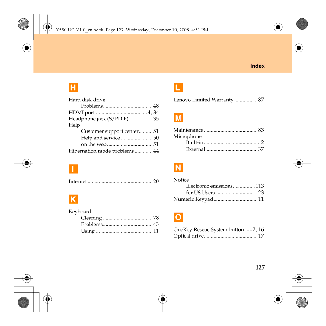 Lenovo Y550 manual 127, Index 