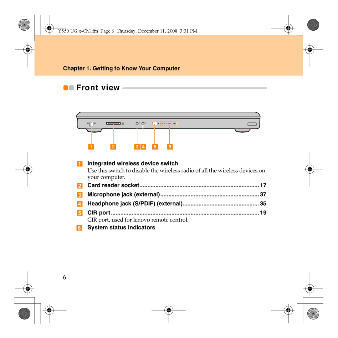 Lenovo Y550 manual Front view, Integrated wireless device switch, System status indicators 