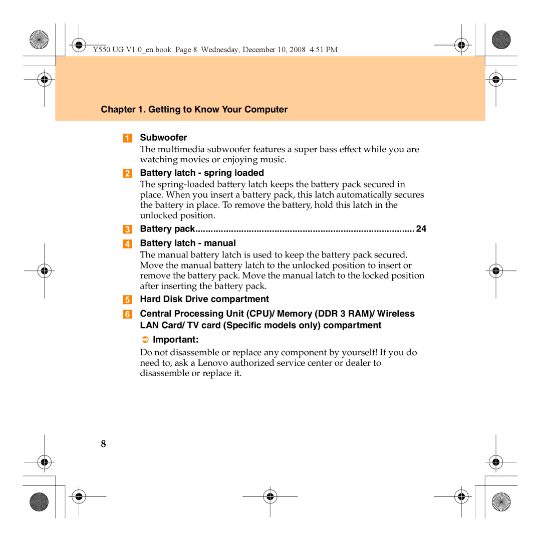 Lenovo Y550 Getting to Know Your Computer Subwoofer, Battery latch spring loaded, Battery latch manual 