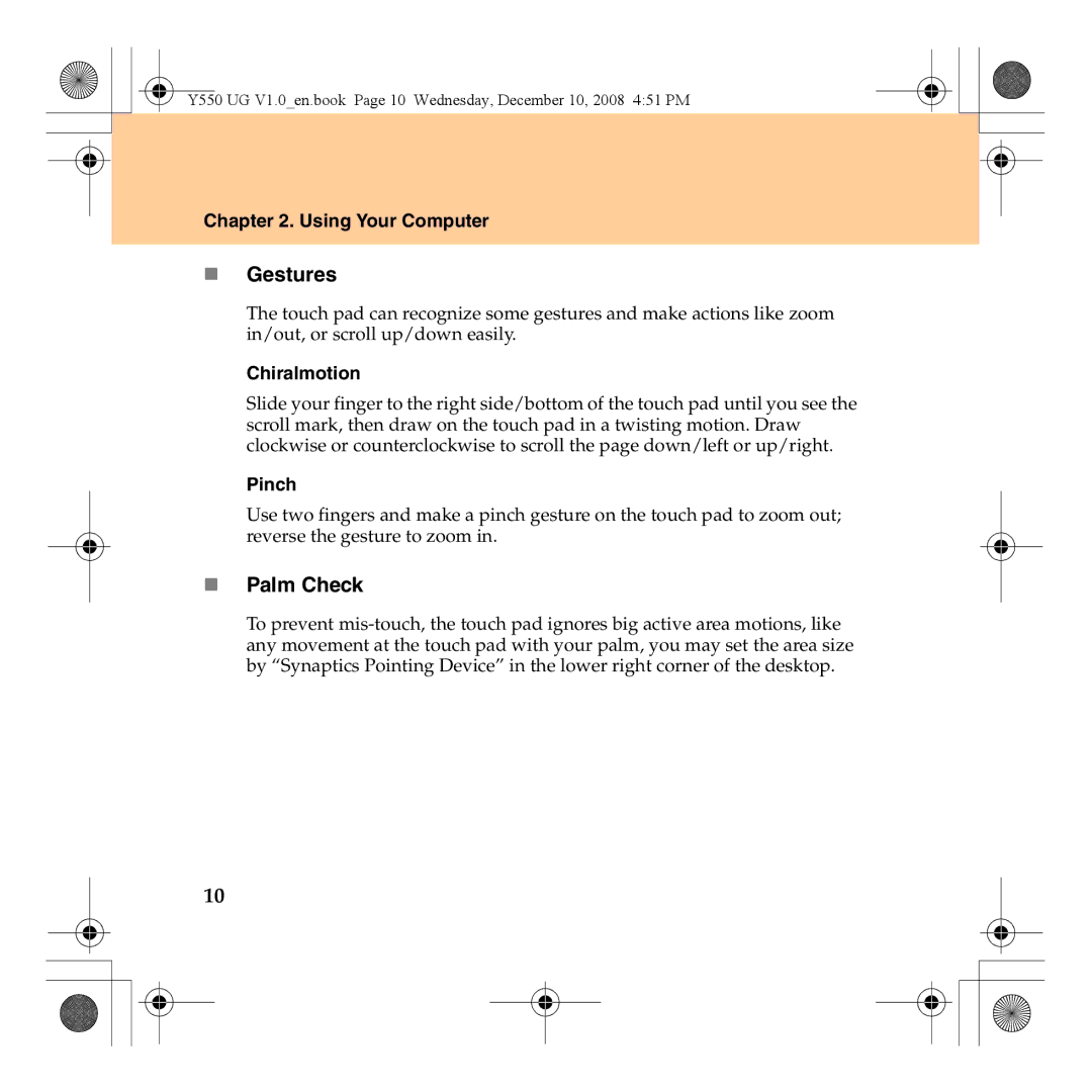 Lenovo Y550 manual „ Gestures, „ Palm Check, Using Your Computer, Chiralmotion, Pinch 