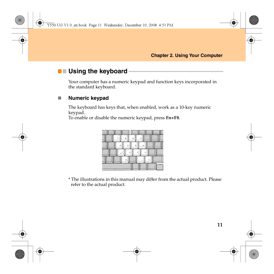 Lenovo Y550 manual Using the keyboard, „ Numeric keypad 