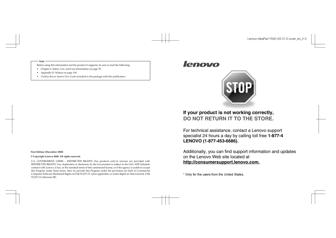 Lenovo manual If your product is not working correctly, Lenovo IdeaPad Y550 UG V1.0 coveren2-3 