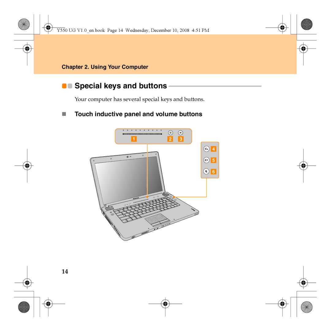 Lenovo Y550 manual Special keys and buttons, „ Touch inductive panel and volume buttons 