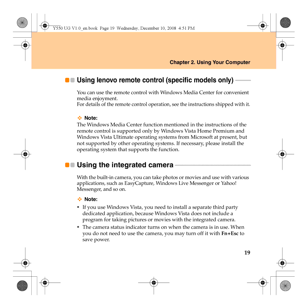 Lenovo Y550 manual Using lenovo remote control specific models only, Using the integrated camera 