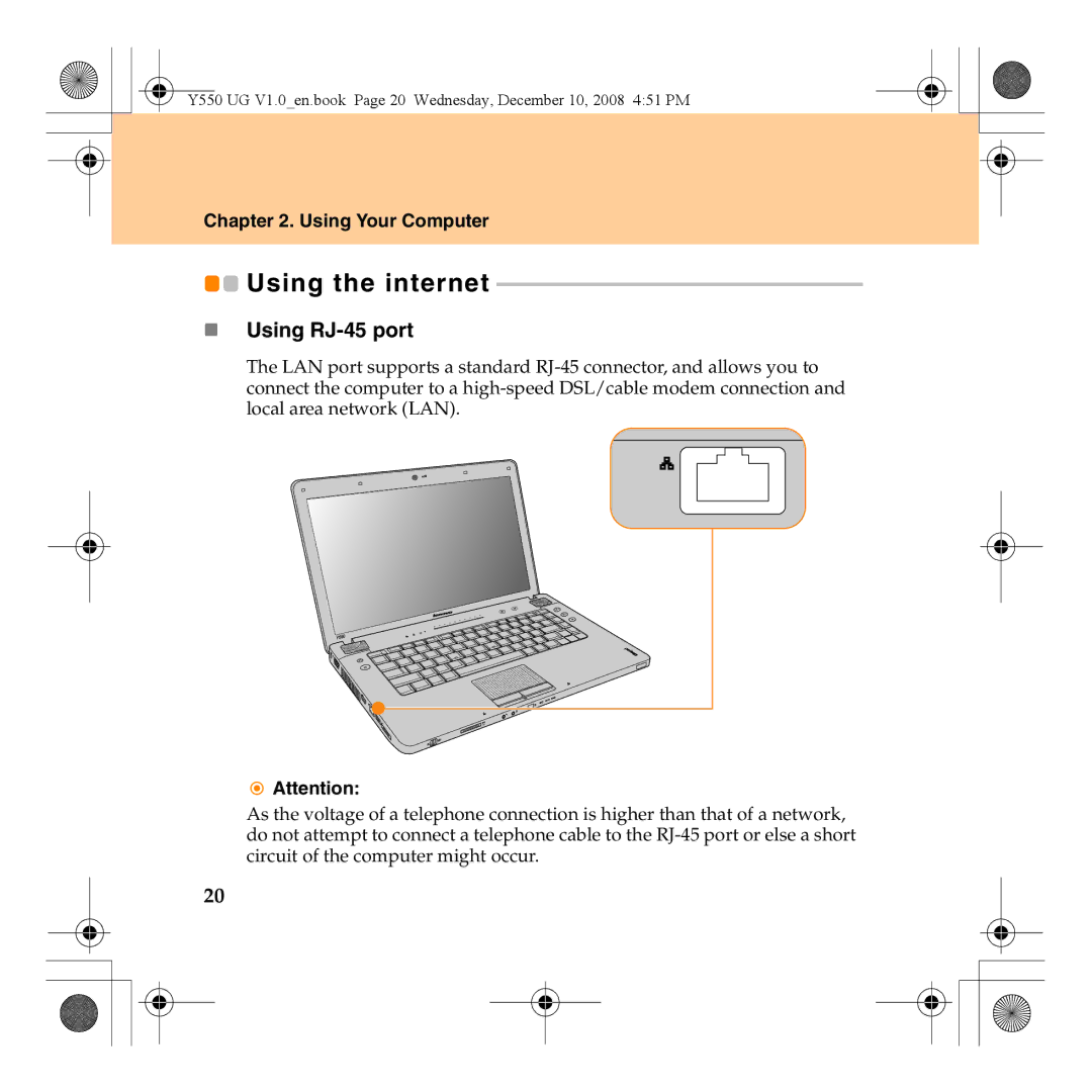 Lenovo Y550 manual Using the internet, „ Using RJ-45 port 