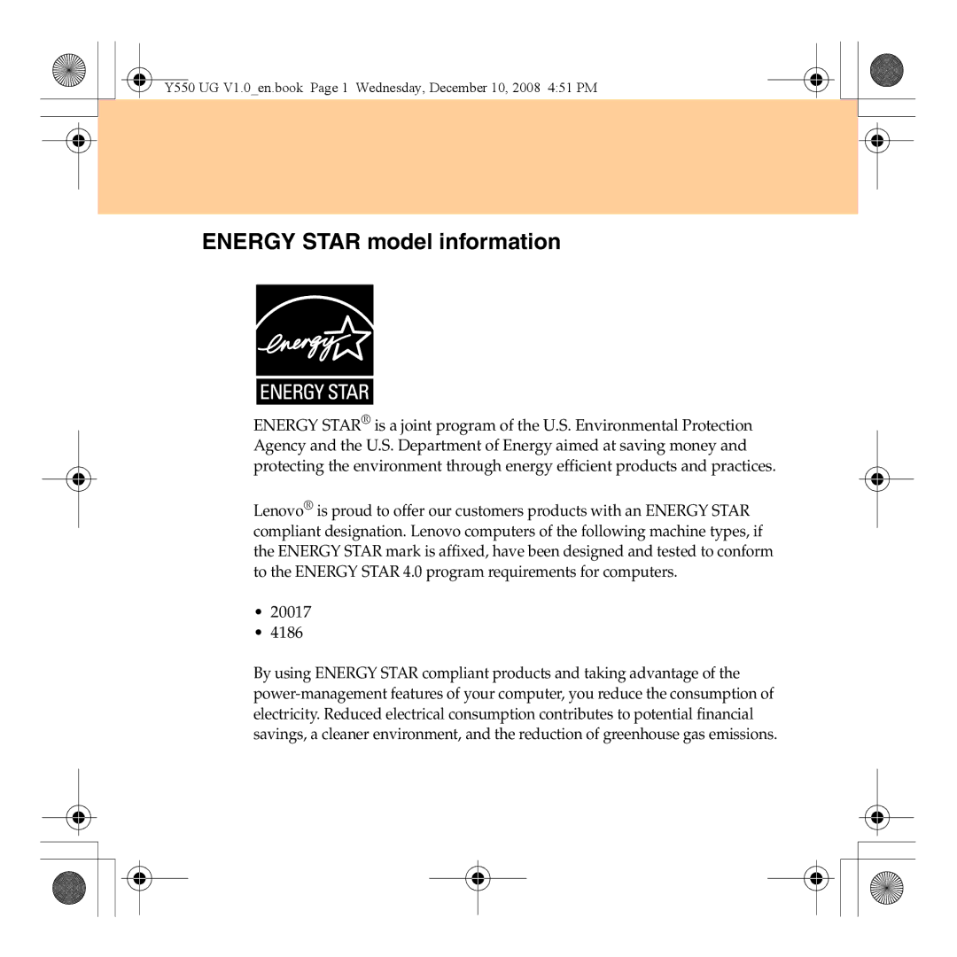 Lenovo Y550 manual Energy Star model information 