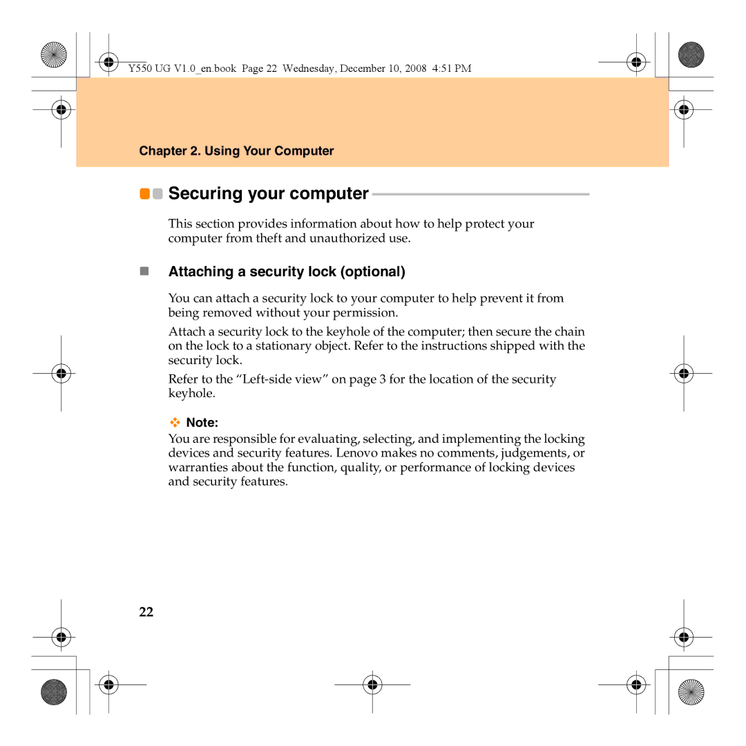 Lenovo Y550 manual Securing your computer, „ Attaching a security lock optional 