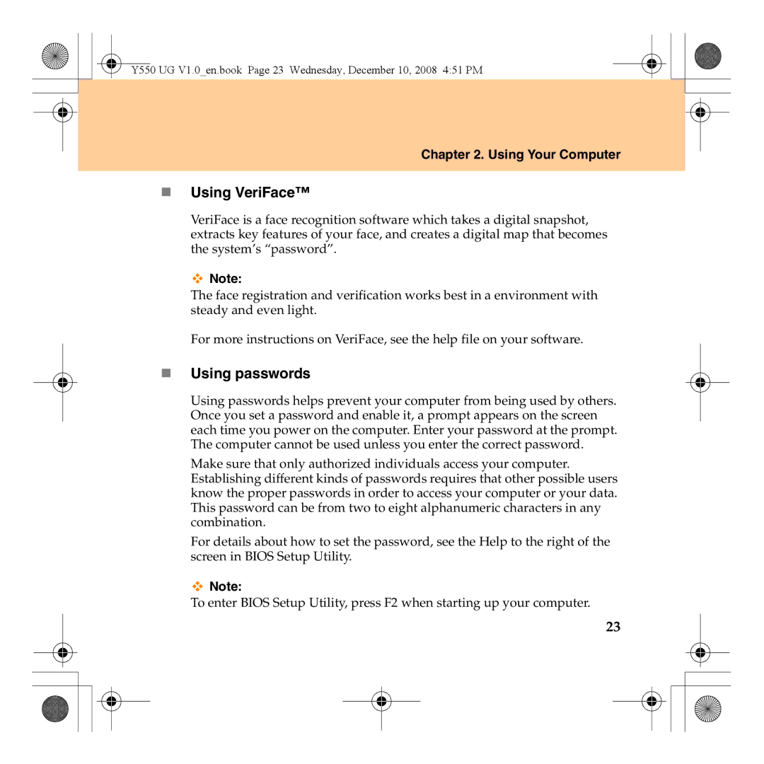 Lenovo Y550 manual „ Using VeriFace, „ Using passwords 