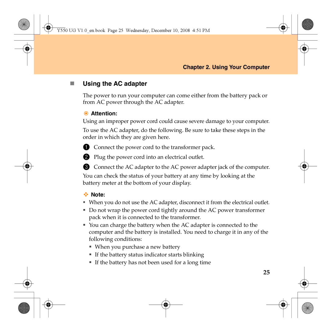 Lenovo Y550 manual „ Using the AC adapter 