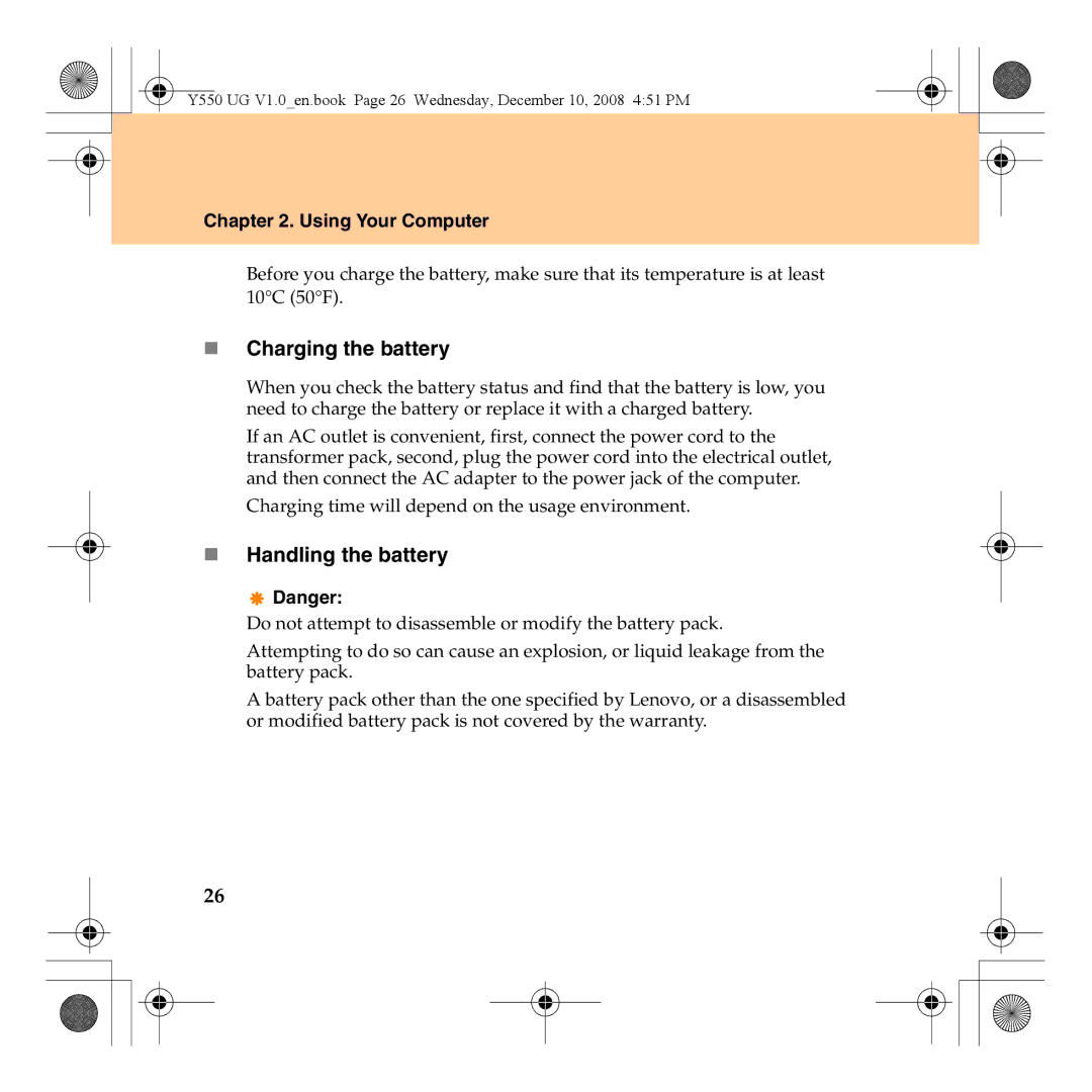 Lenovo Y550 manual „ Charging the battery, „ Handling the battery 