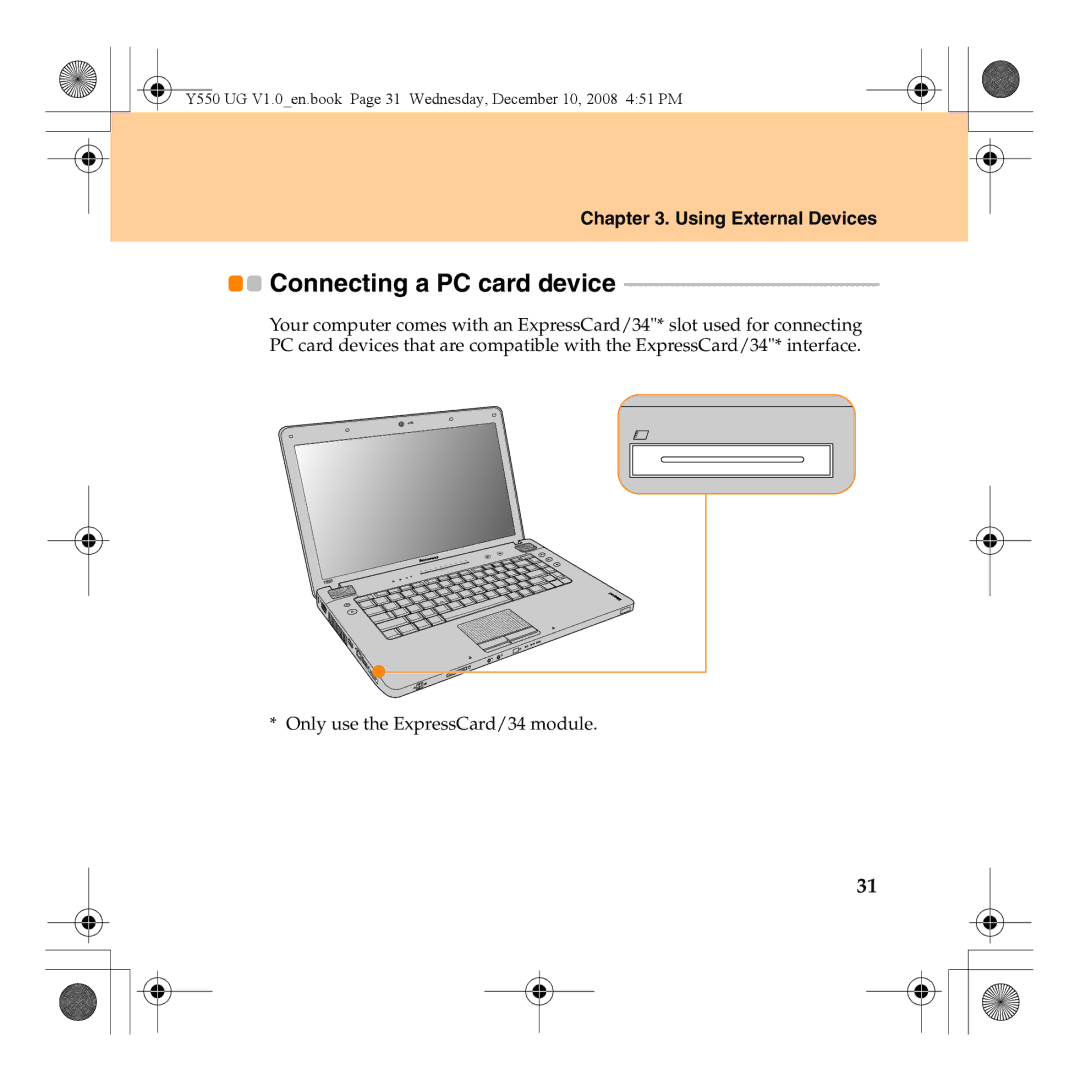 Lenovo Y550 manual Connecting a PC card device 