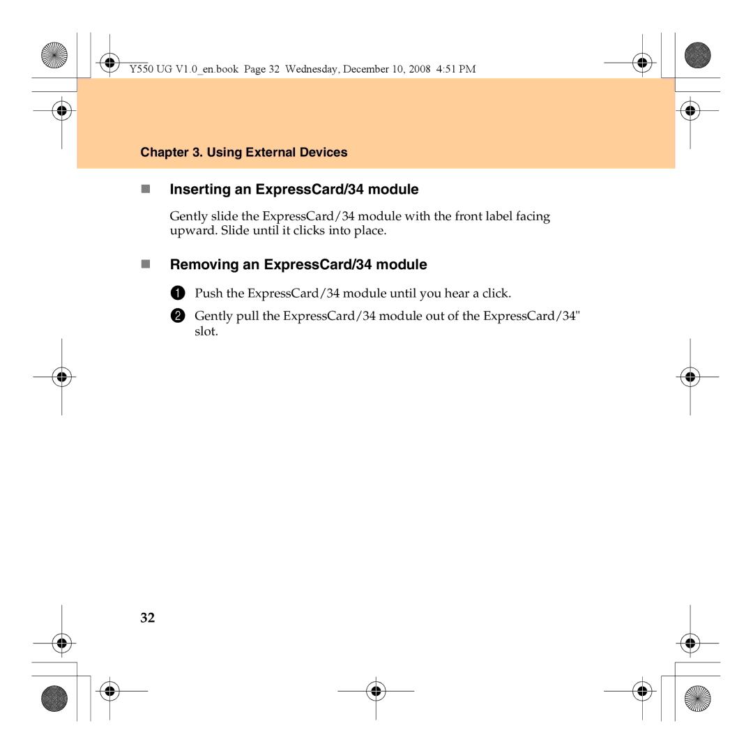 Lenovo Y550 manual „ Inserting an ExpressCard/34 module, „ Removing an ExpressCard/34 module 